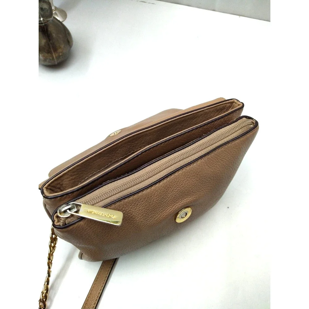 Michael Kors Brown Leather Chain Strap Zip Pockets Credit Card Crossbody Bag